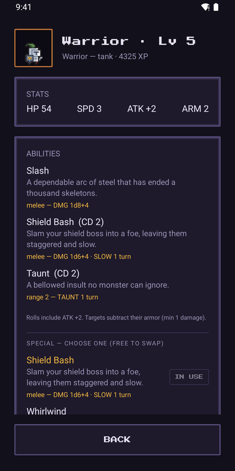 Hero sheet with dice-based ability math